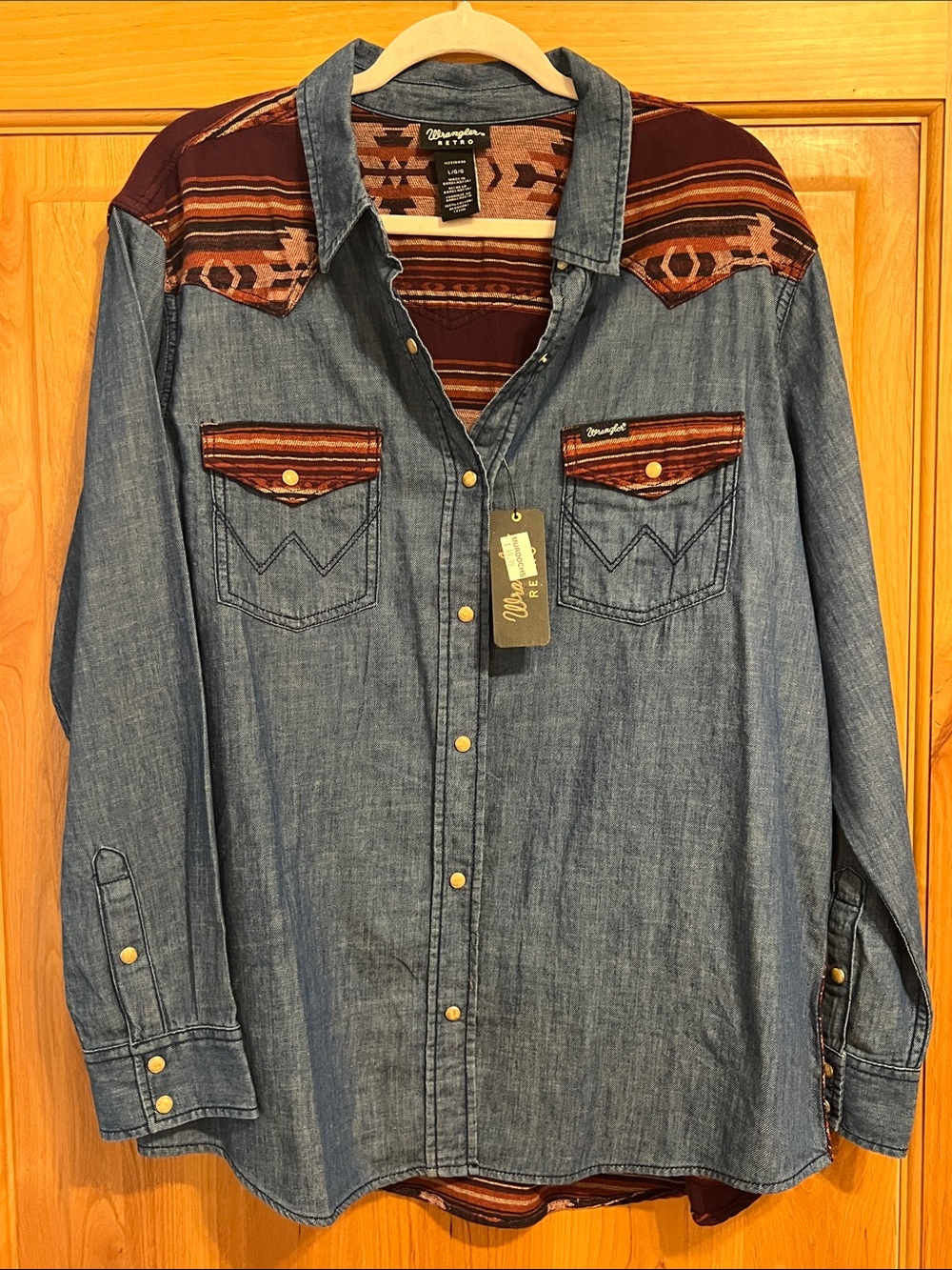 Wrangler Blue Denim Western Button-Down Shirt with Rust Yoke - Picture 5 of 9